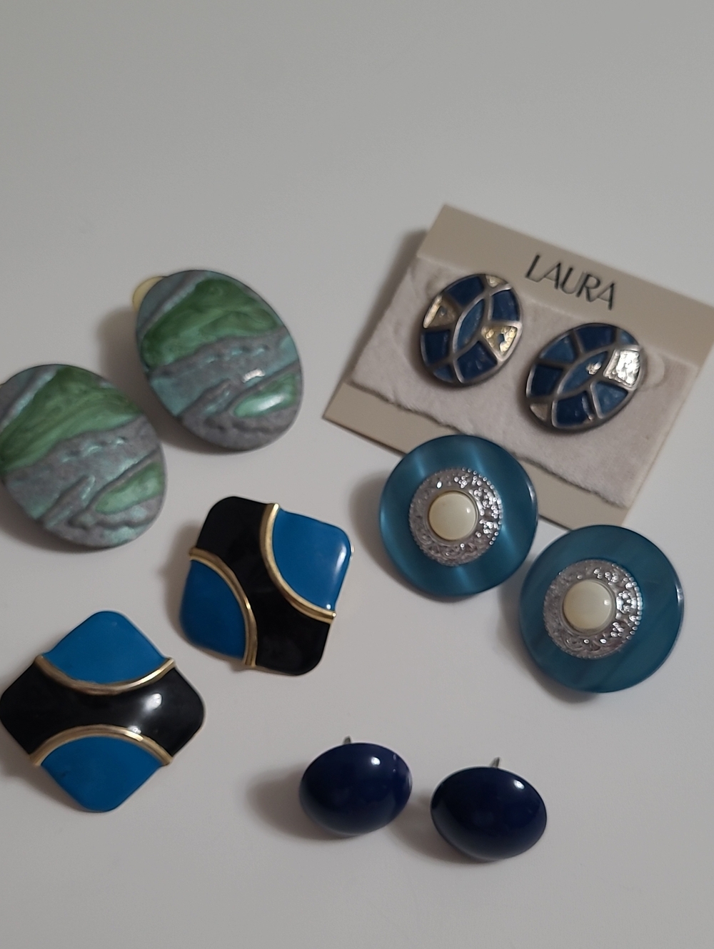 Vintage 80s Blue, Green & Teal Statement Earrings - Lot of 5